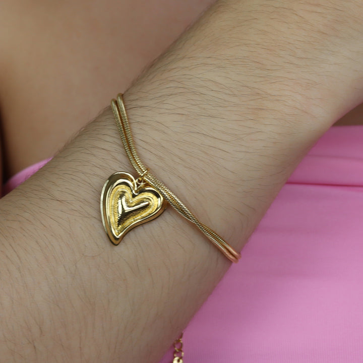 Pulsera Karla - corazón en relieve - doble cadena - oro