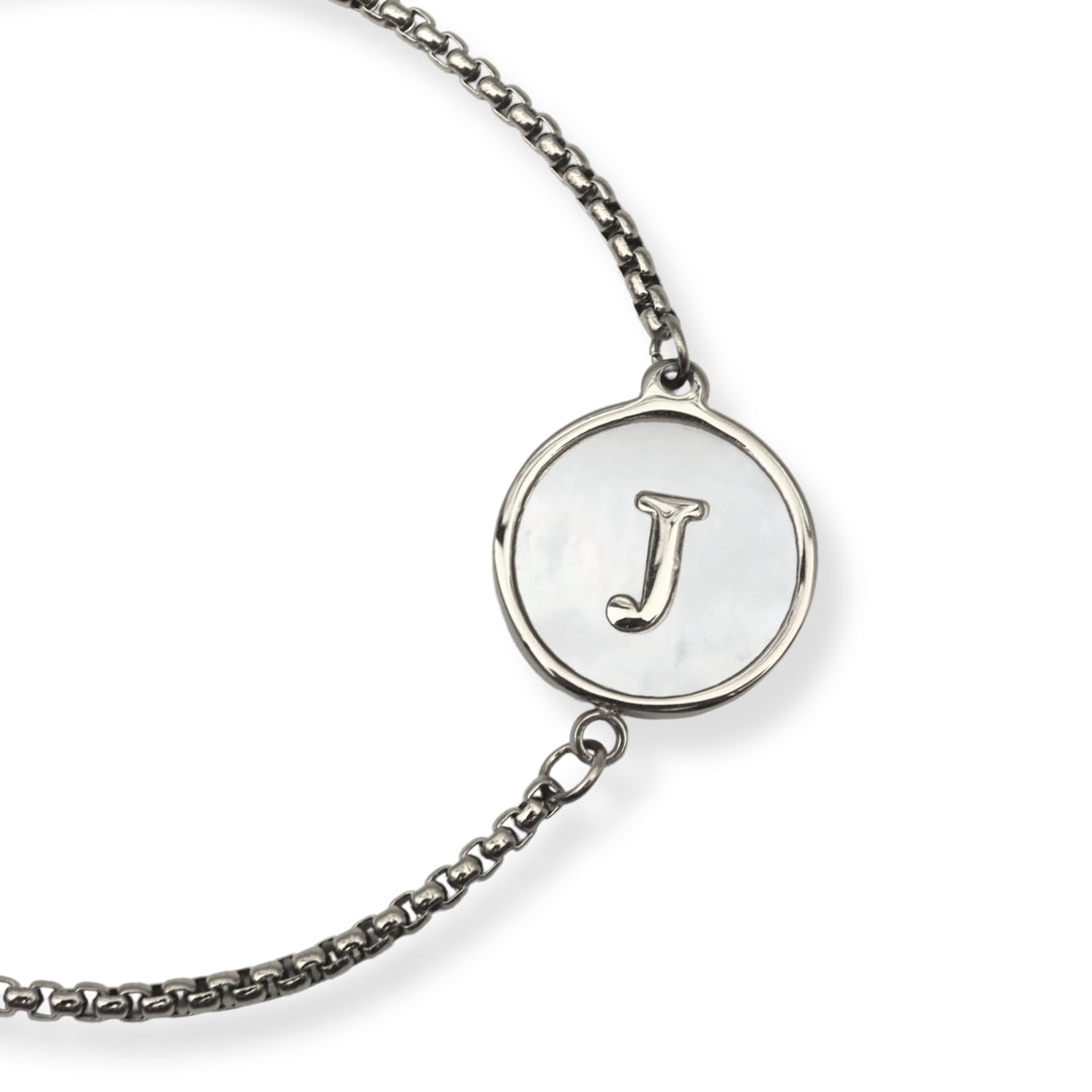 Pulsera con inicial - PLATA y blanco - letras A a Z - ajustable