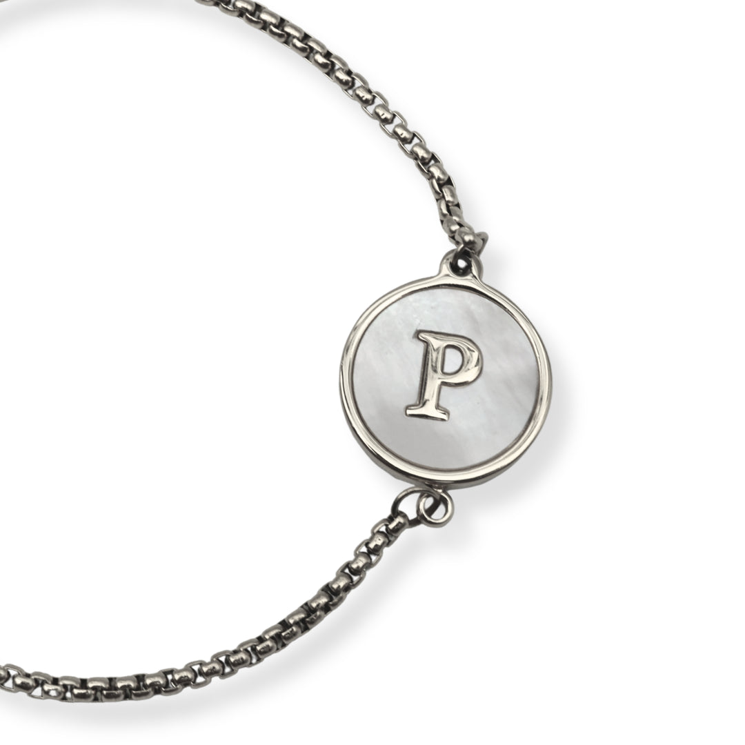 Pulsera con inicial - PLATA y blanco - letras A a Z - ajustable