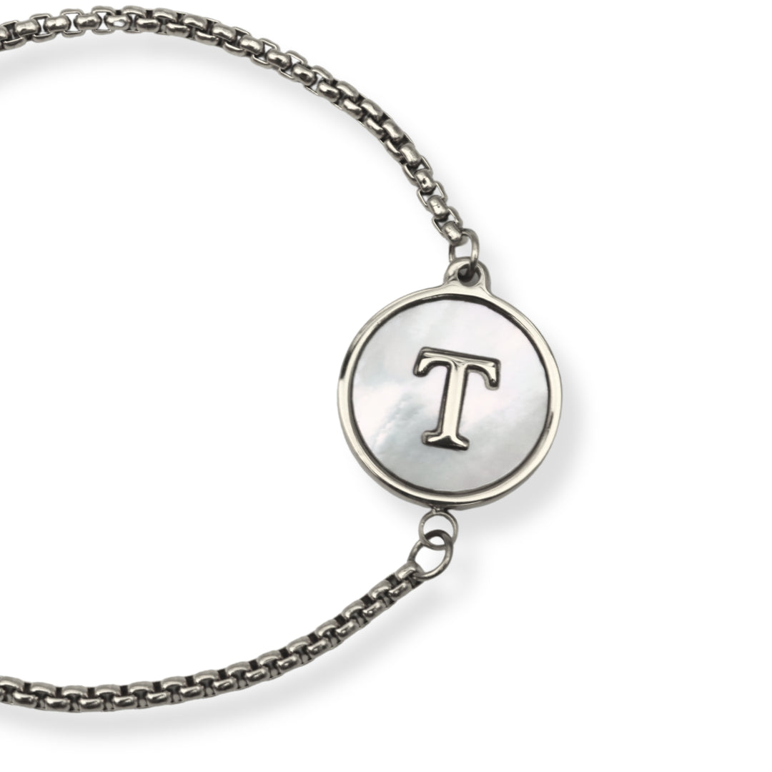 Pulsera con inicial - PLATA y blanco - letras A a Z - ajustable