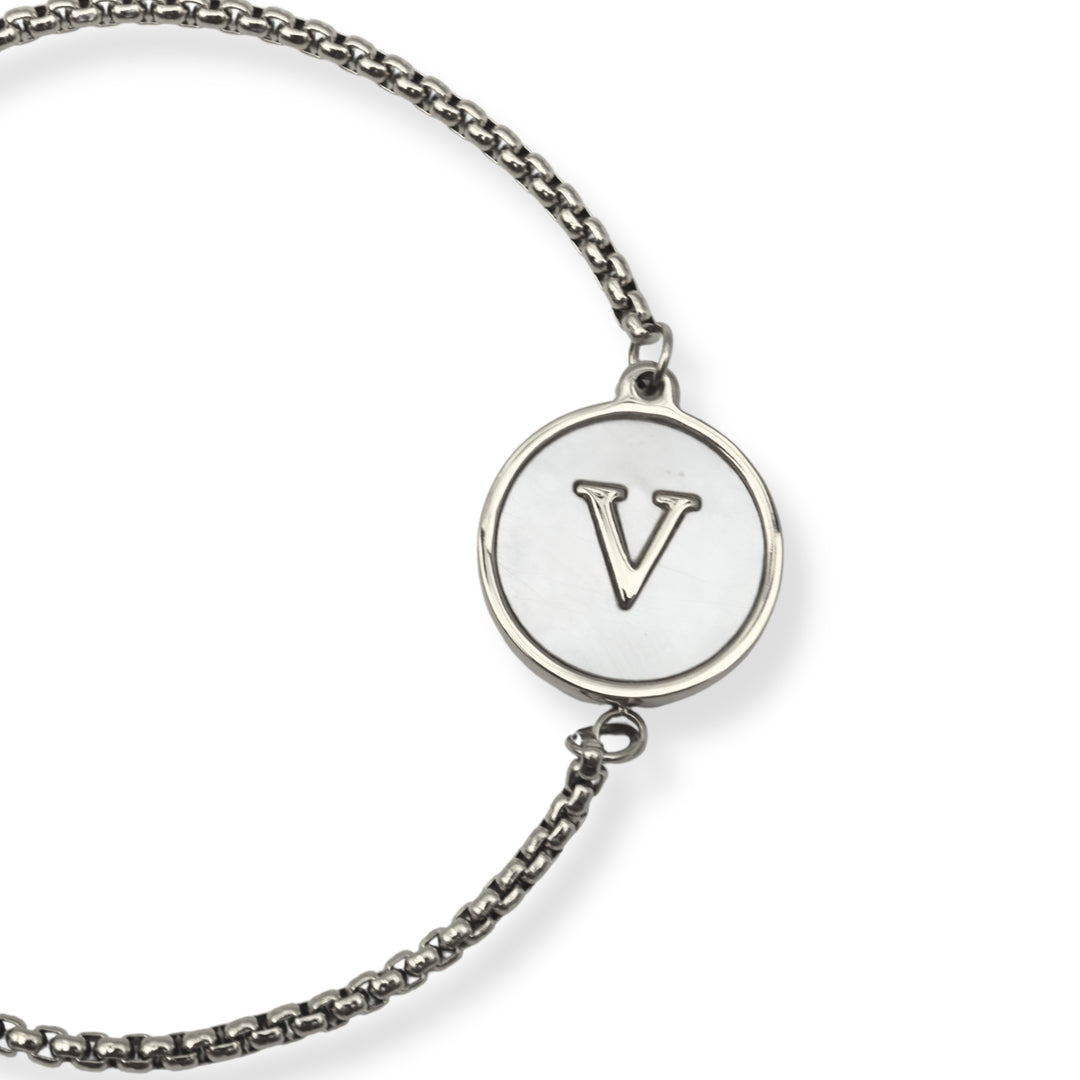 Pulsera con inicial - PLATA y blanco - letras A a Z - ajustable