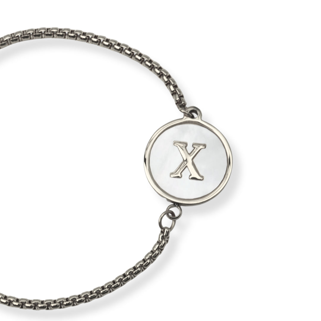 Pulsera con inicial - PLATA y blanco - letras A a Z - ajustable