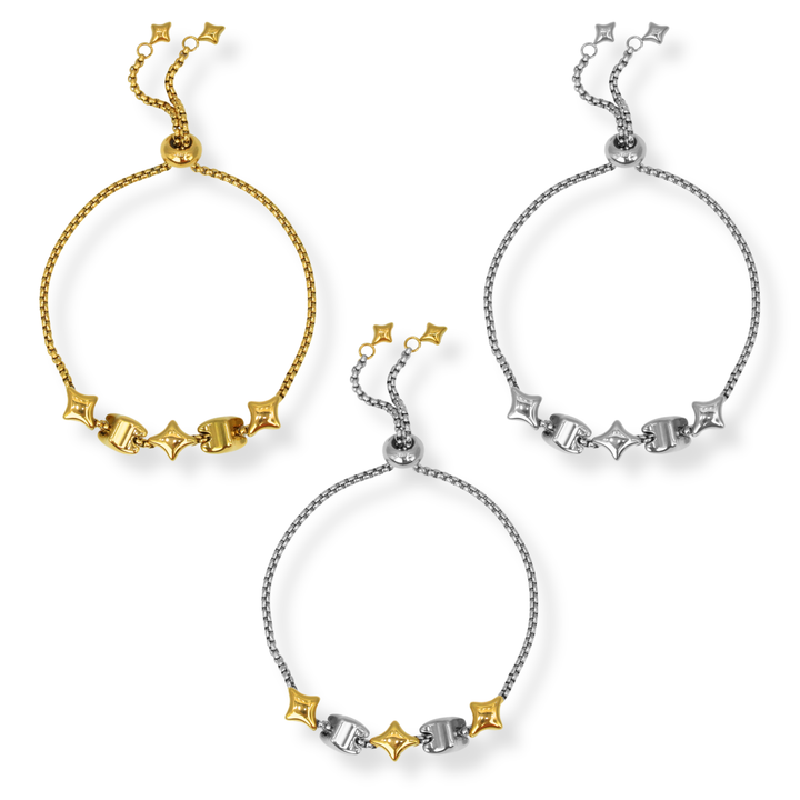 Pulsera Línea Exclusiva de Y - 5 charms - ajustable - oro, plata, doble tono