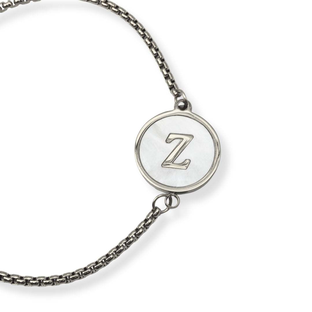 Pulsera con inicial - PLATA y blanco - letras A a Z - ajustable